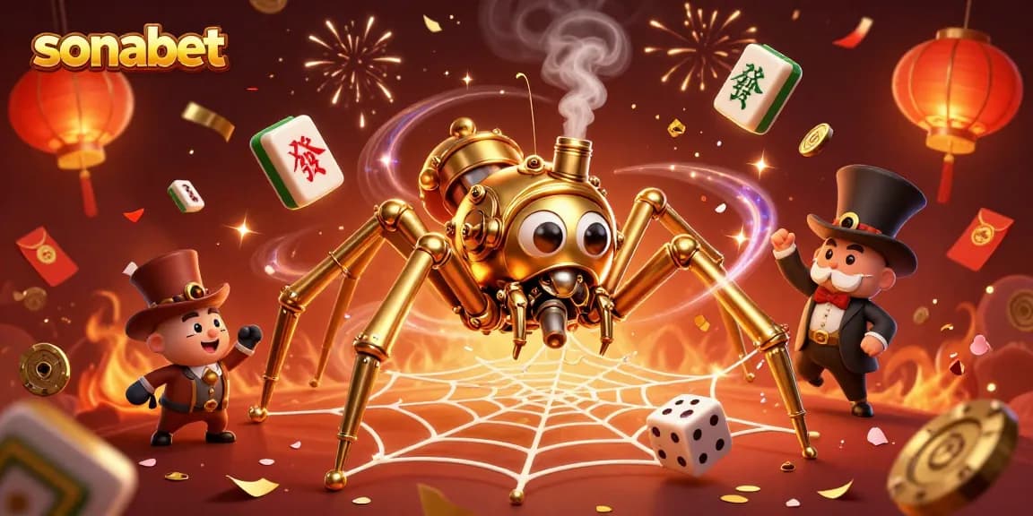 Engage with sonabet's immersive 3D casino world featuring a golden steampunk spider and playful elements.