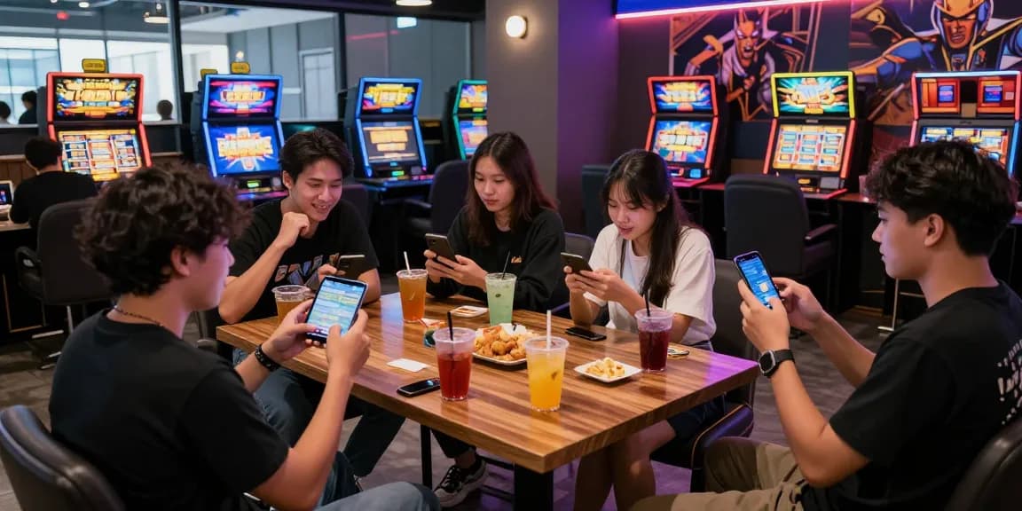 Engaging gaming scene showcasing deposit pulsa tanpa potongan with friends at a vibrant lounge.