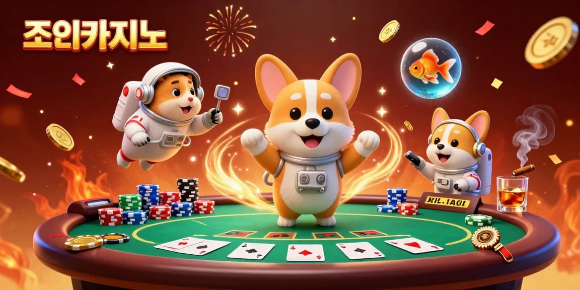 Experience the excitement at 조이카지노 with a vibrant casino scene featuring a floating corgi and poker elements.