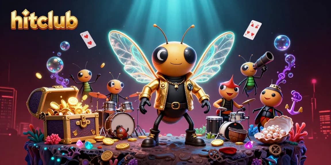 Hitclub's vibrant casino scene showcases a cicada rock star, gold coins, and colorful gems.
