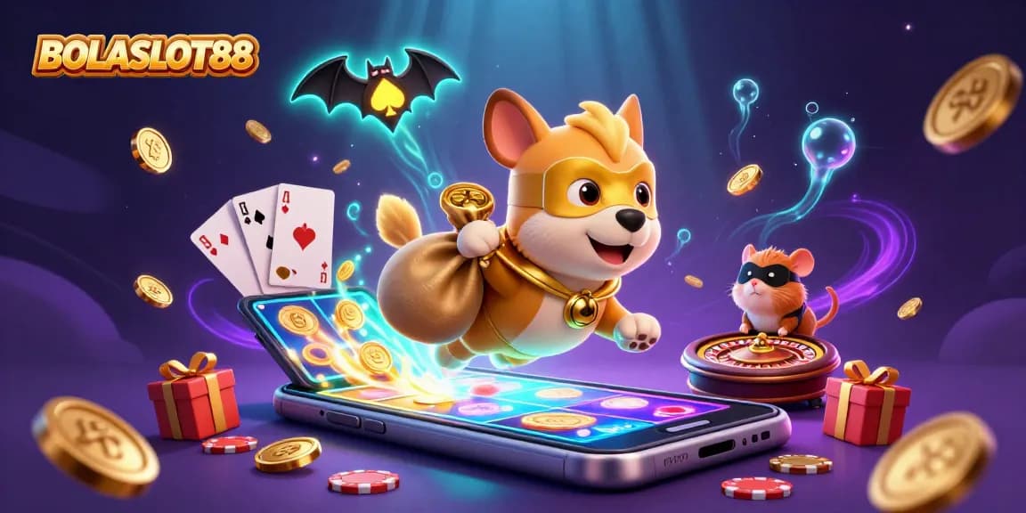 BOLASLOT88 unleashes fun with a superhero dog flying through a vibrant casino world of games.