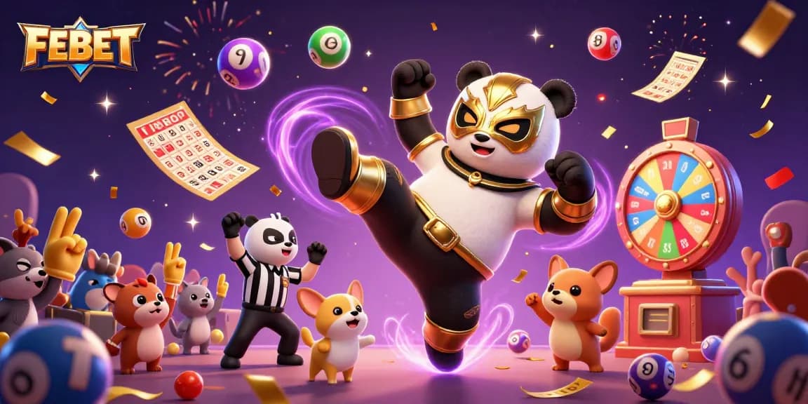Witness FEBET's thrilling gaming experience as the panda wrestler kicks in a lively casino scene.