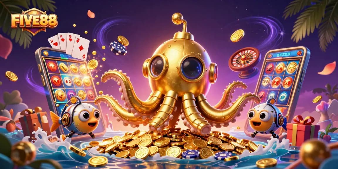 Spin the reels and win with FIVE88 in this vibrant, dynamic casino scene