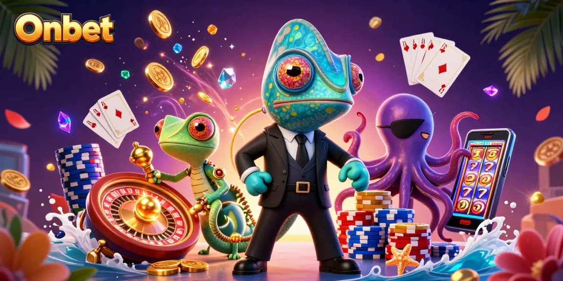 Experience thrilling gameplay with Onbet's vibrant casino illustration showcasing colorful characters and dynamic game elements.