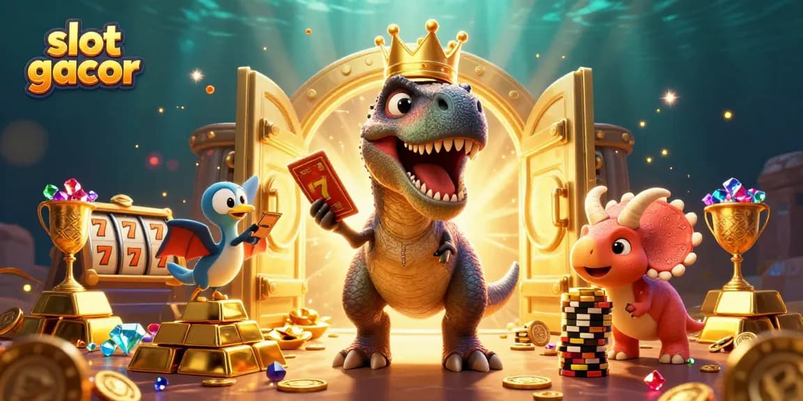 Menangkan slot gacor dengan T-Rex bermahkota emas yang sedang mengocok kartu di kasino.