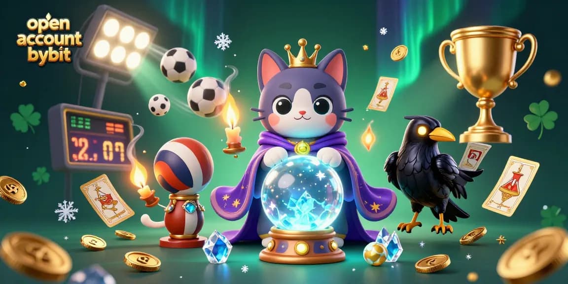 Engage with the crypto market and open an account Bybit, featuring a mystic cat and sports-themed elements.