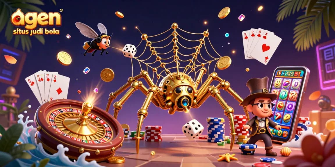 Engaging scene showcasing agen situs judi bola with a golden steampunk spider, poker chips, and dynamic game elements.