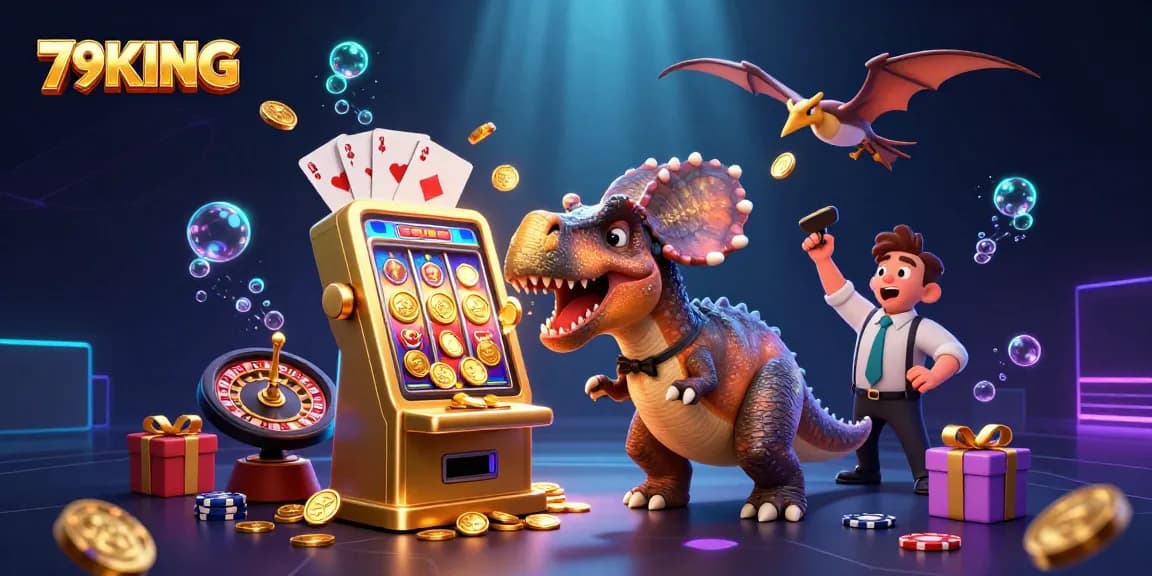 79KING slot machine celebration with dinosaurs and jackpot coins falling dynamically