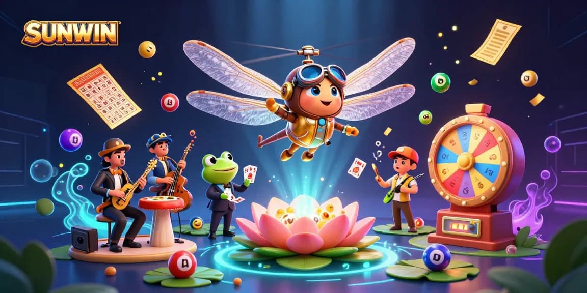 SUNWIN casino illustration with a dragonfly pilot, frog dealer, and cricket musicians creating an engaging gambling scene.