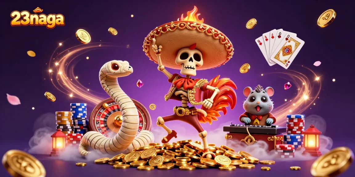 Experience the excitement of 23naga with a vibrant 3D illustration featuring dynamic casino elements and lively characters.