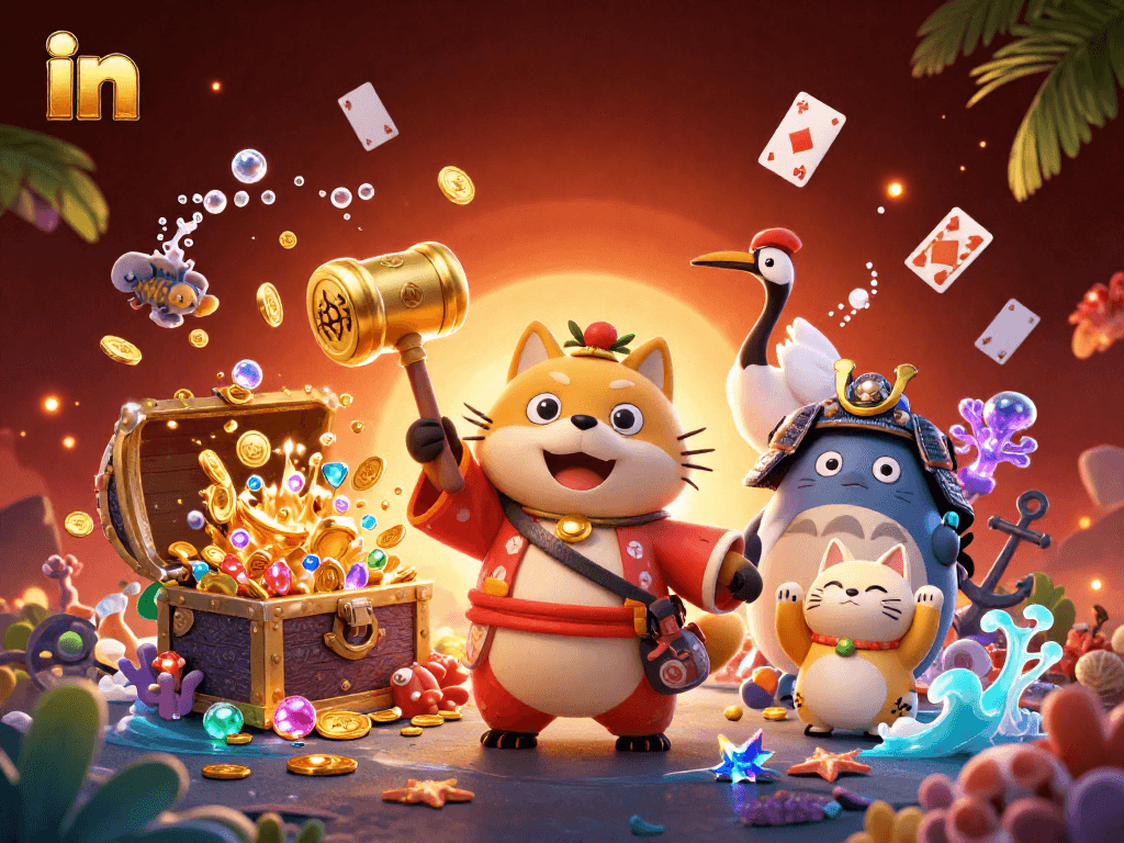 Experience excitement in a vibrant 3D casino scene featuring a lucky tanuki and fortune cats.