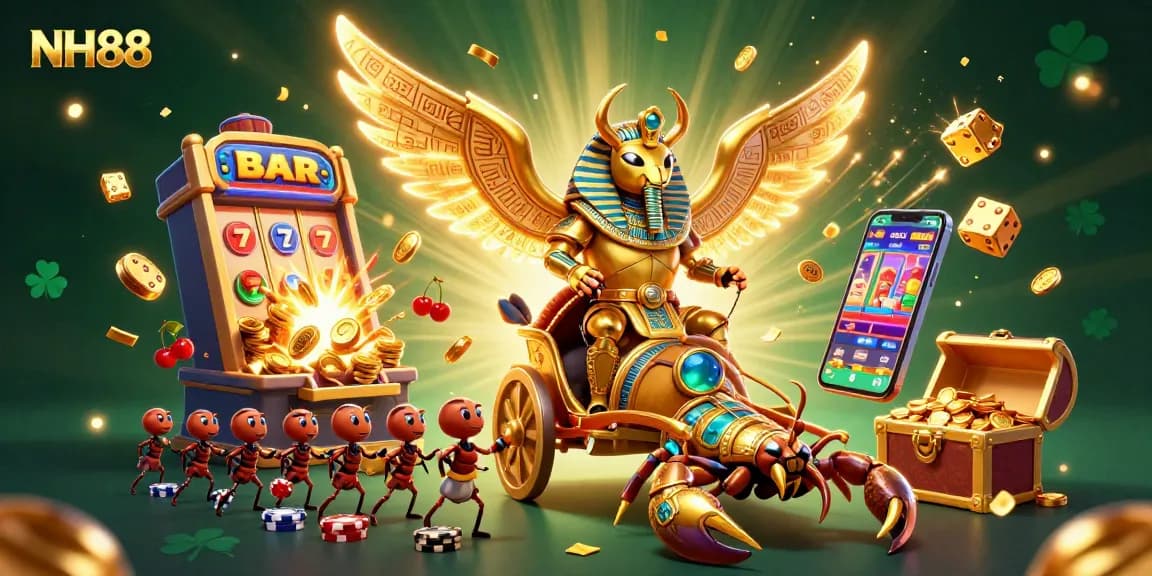 Experience NH88's vibrant gambling scene with a golden scarab beetle and glamorous casino elements.