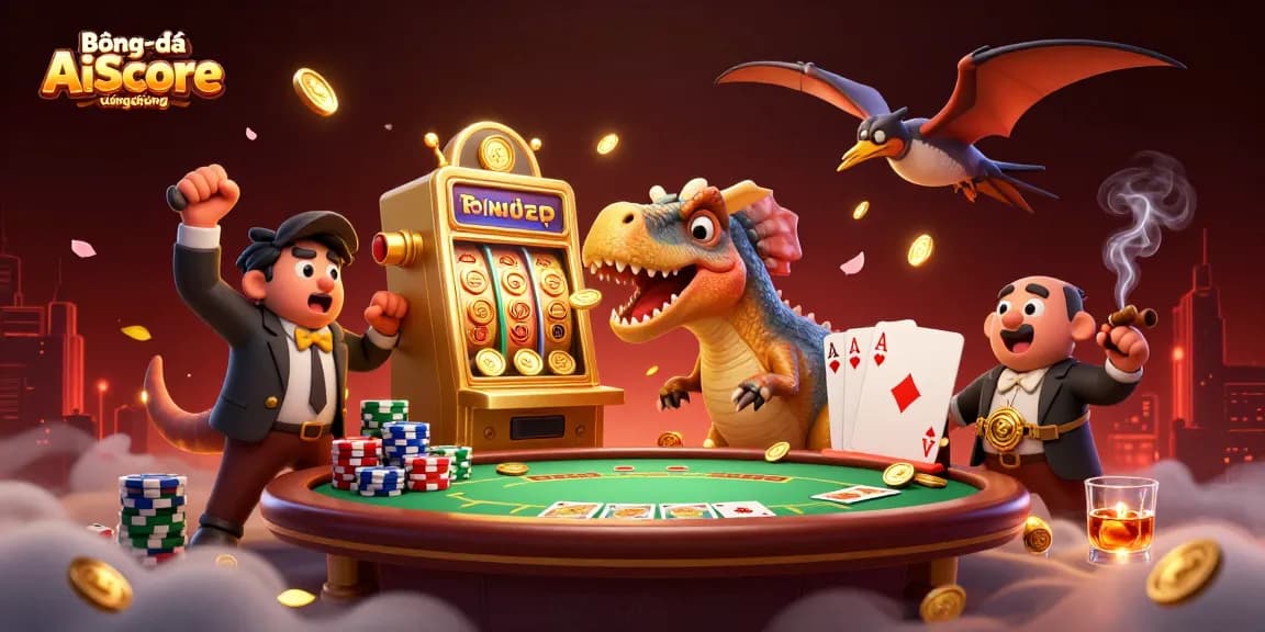 BóngđáAiScoreứngdụng showcases a vibrant casino scene with dynamic characters celebrating jackpot wins.