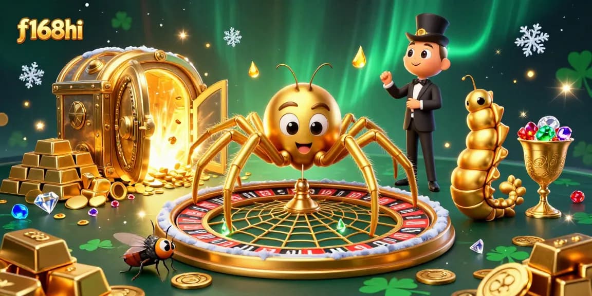 Experience f168hi casino excitement with a 3D scene of a golden spider, roulette, and vibrant treasures.