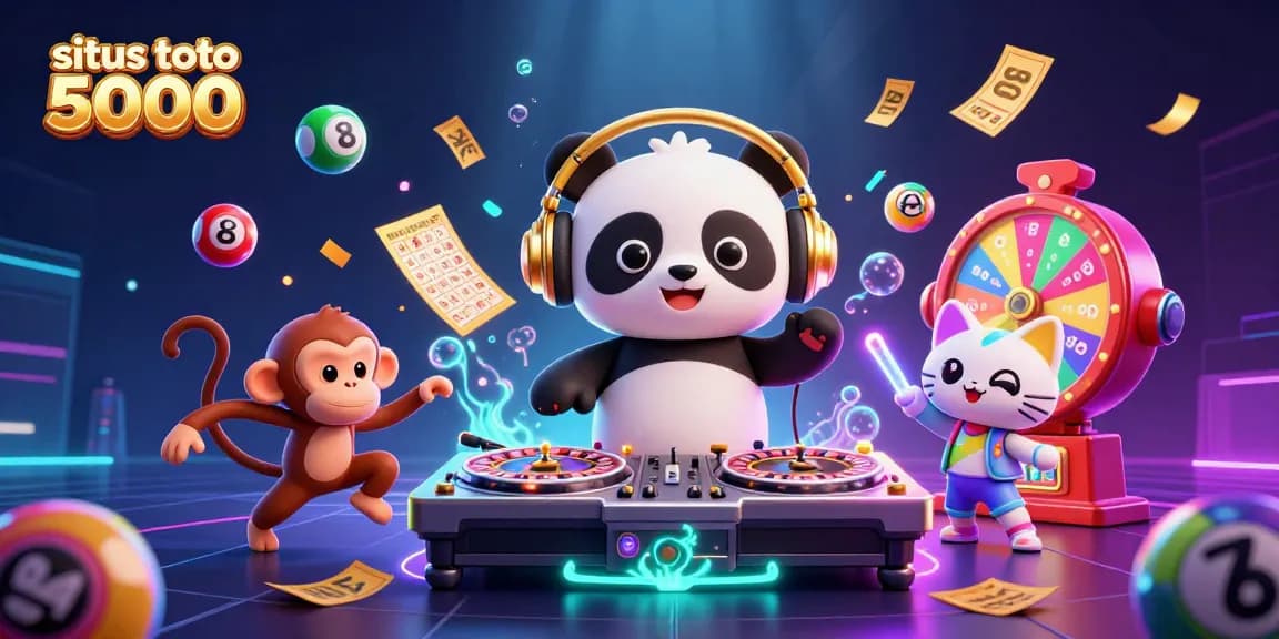 Engage with situs toto 5000 through a vibrant 3D illustration of playful casino characters and colorful lottery elements.