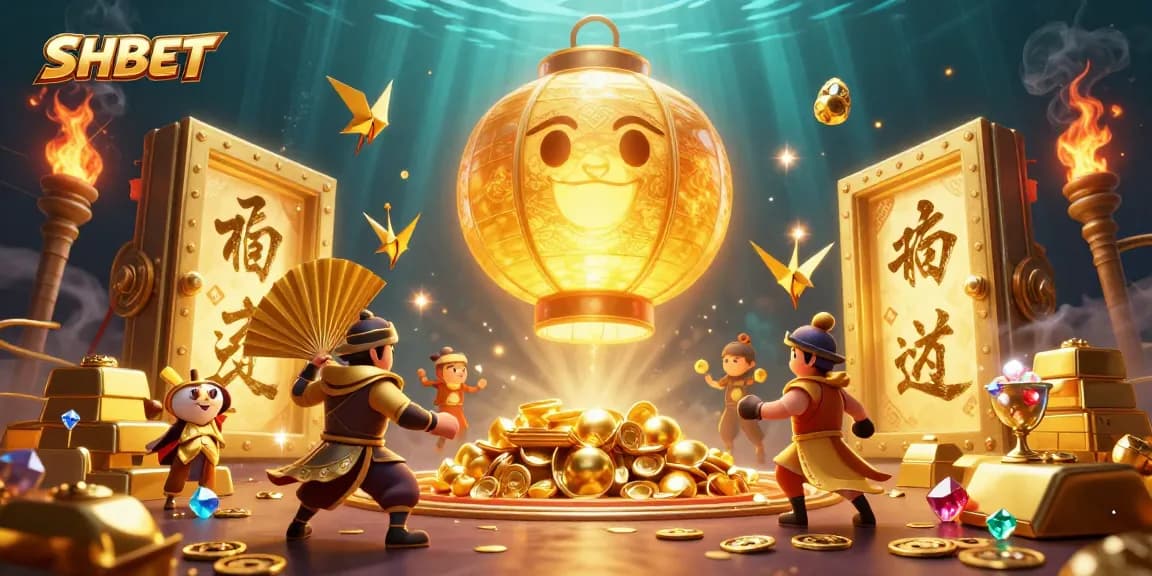 Experience the thrill of casino gaming with SHBET's vibrant 3D illustration featuring golden treasures and lucky symbols.
