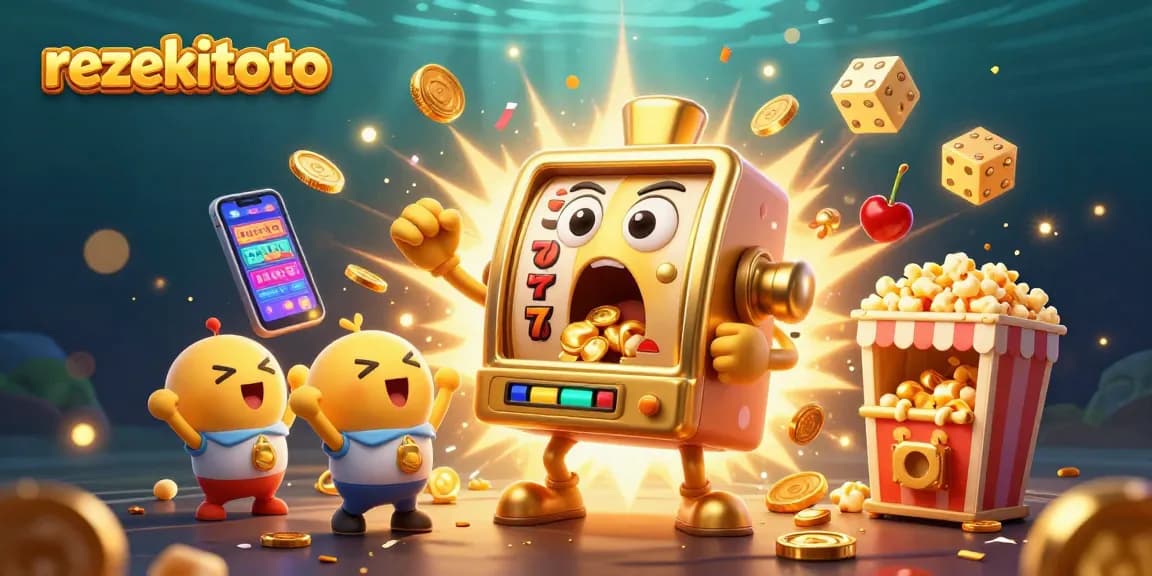 Experience winning with rezekitoto as a playful cartoon slot machine celebrates its jackpot triumph amidst vibrant casino elements.