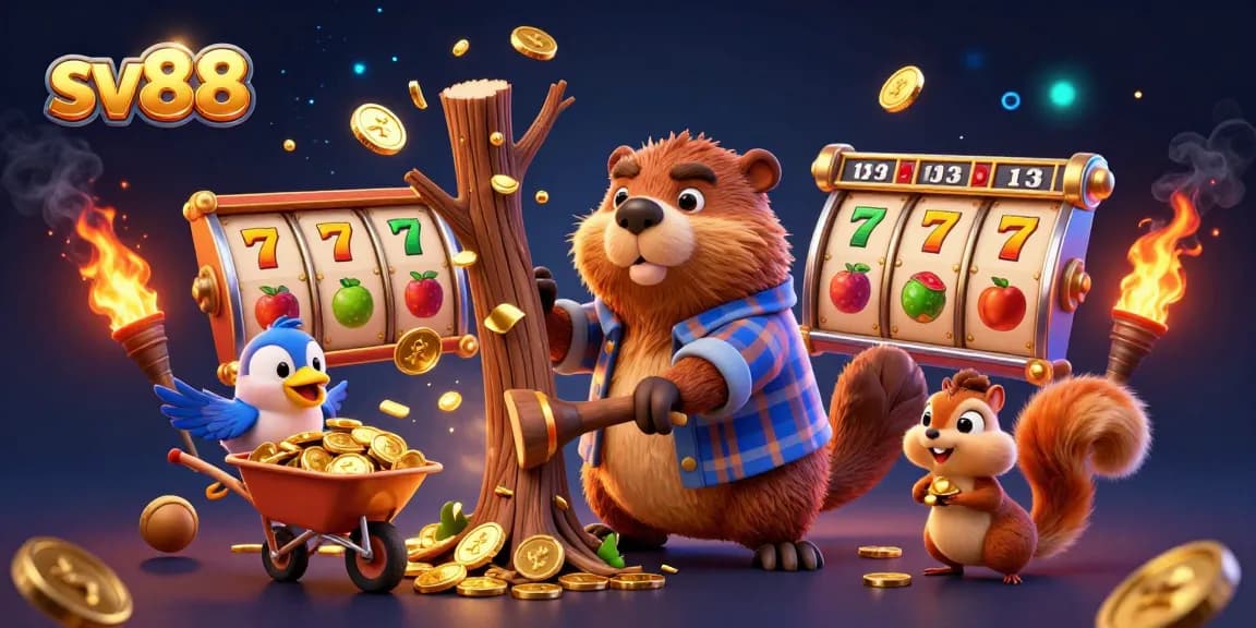 Spin the reels with sv88's vibrant casino scene showcasing animated characters and golden treasures.