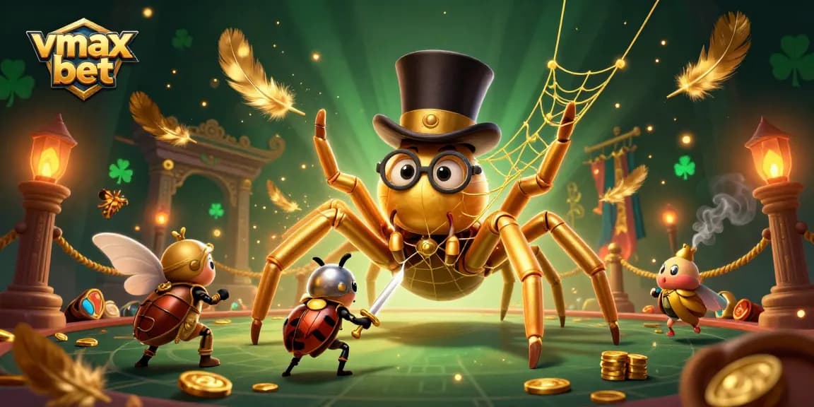 Engage in vmax bet excitement with a golden tarantula and a beetle knight in a dynamic casino scene.