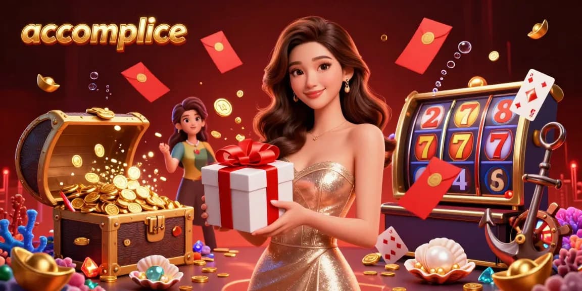 Immerse in the Accomplice casino experience with vibrant characters, gold coins, and festive elements.