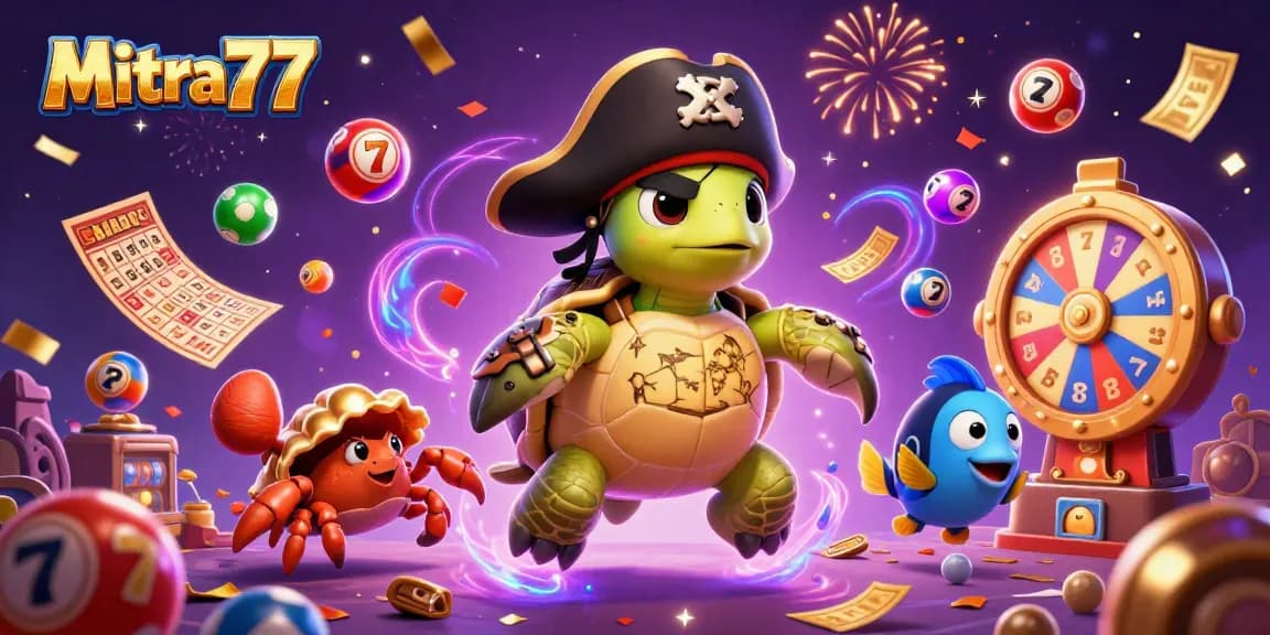 Mitra77 mempresentasikan slot jackpot yang memikat dengan kura-kura bajak laut dan teman-teman, penuh warna dan dinamis.
