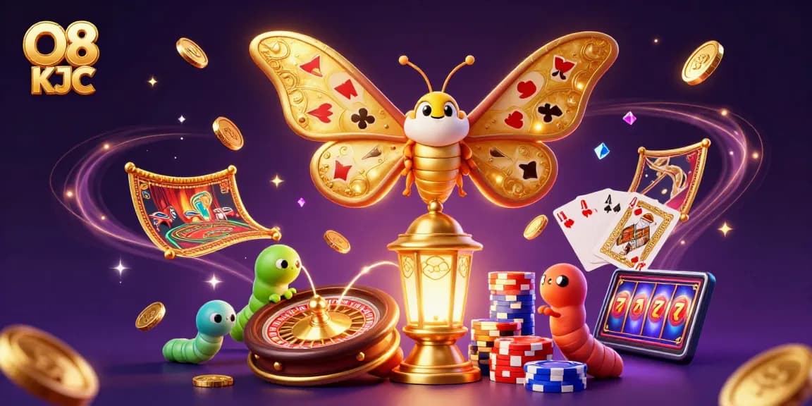 Experience the excitement with O8 KJC as golden coins and gems swirl around creative casino scenes.