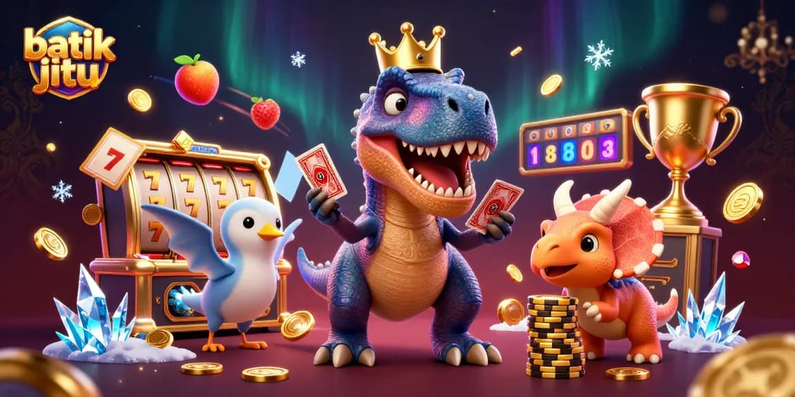 Batik jitu sebagai agen game online terpercaya dengan karakter kartun dinosaur yang menarik dalam suasana kasino.