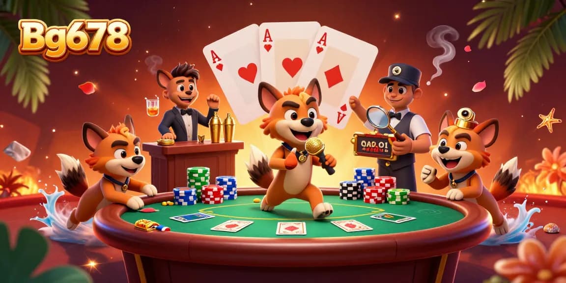 Bg678 featuring hyenas in a cartoon casino scene with poker action and vibrant details