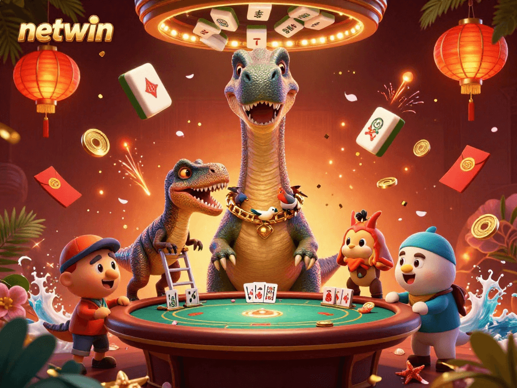Experience thrilling games at netwin with a whimsical scene featuring a towered brontosaurus and clever raptor.