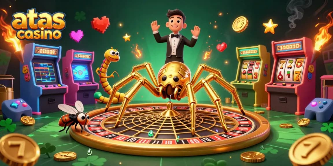 Engage with the atas casino experience through a vivid 3D illustration of a golden spider and centipede croupier.