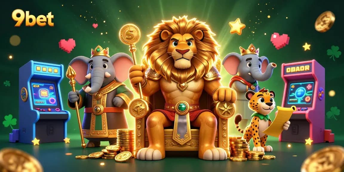 Win big with 9bet illustrated casino character scene featuring a lion king and gaming elements.