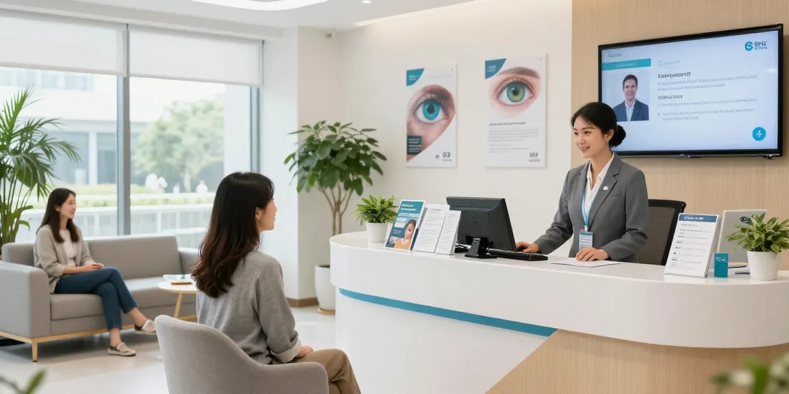 SNU Eye Clinic welcoming environment with friendly receptionist and informative displays promoting eye care services.