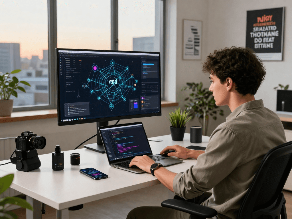 Developer memprogram teknologi wifi4d di ruang kerja modern dengan cahaya alami.