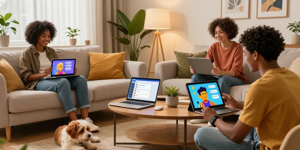 Users engaging with crushon AI chatbots in a cozy living room, showcasing vibrant digital interaction.
