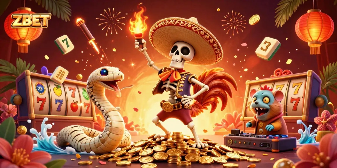 ZBET slots-themed illustration showing vibrant characters celebrating wins with dance and golden coins.