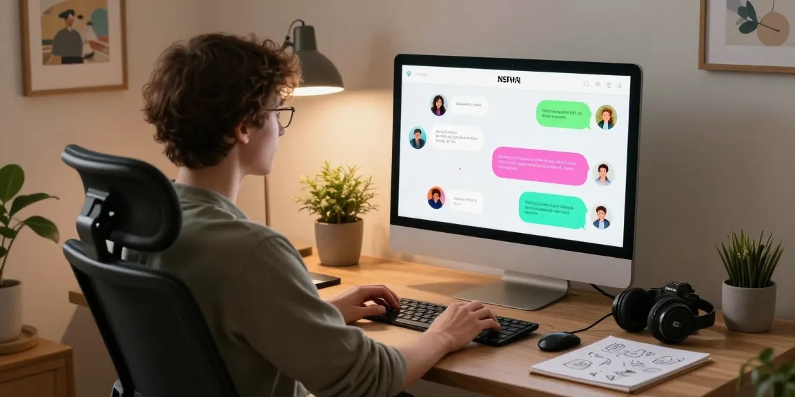 Chat interaction with NSFW AI in a cozy home office setting, showcasing engaging digital experiences.