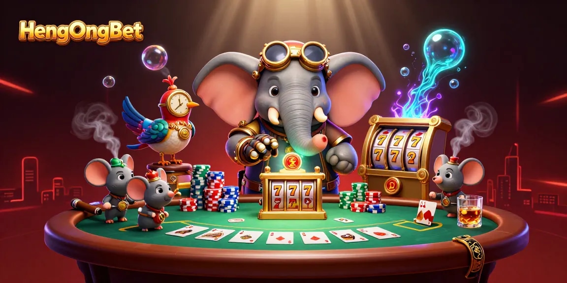 Engage with HengOngBet's vibrant 3D scene featuring a steampunk elephant at a slot machine, rich in casino elements.
