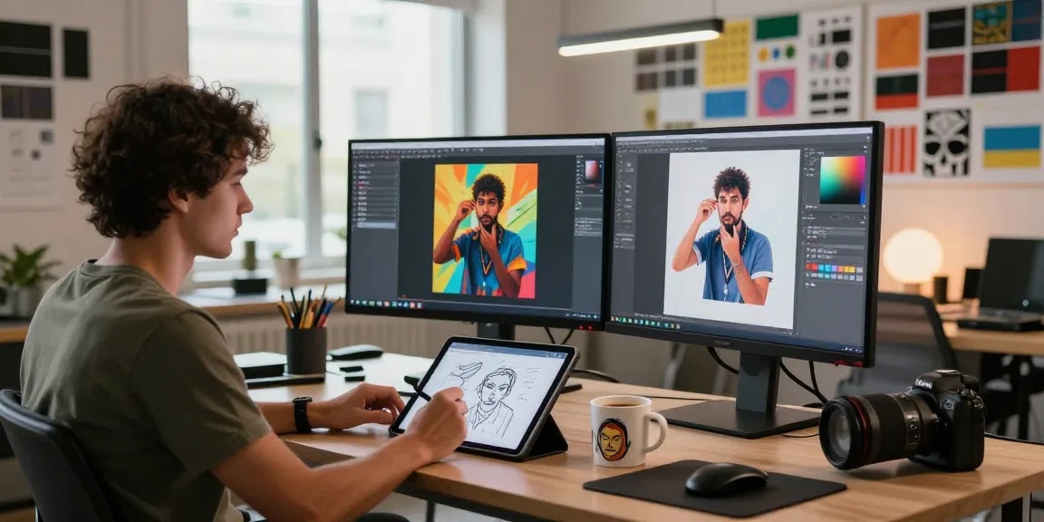 Designer creating vibrant NSFW AI images in a modern studio