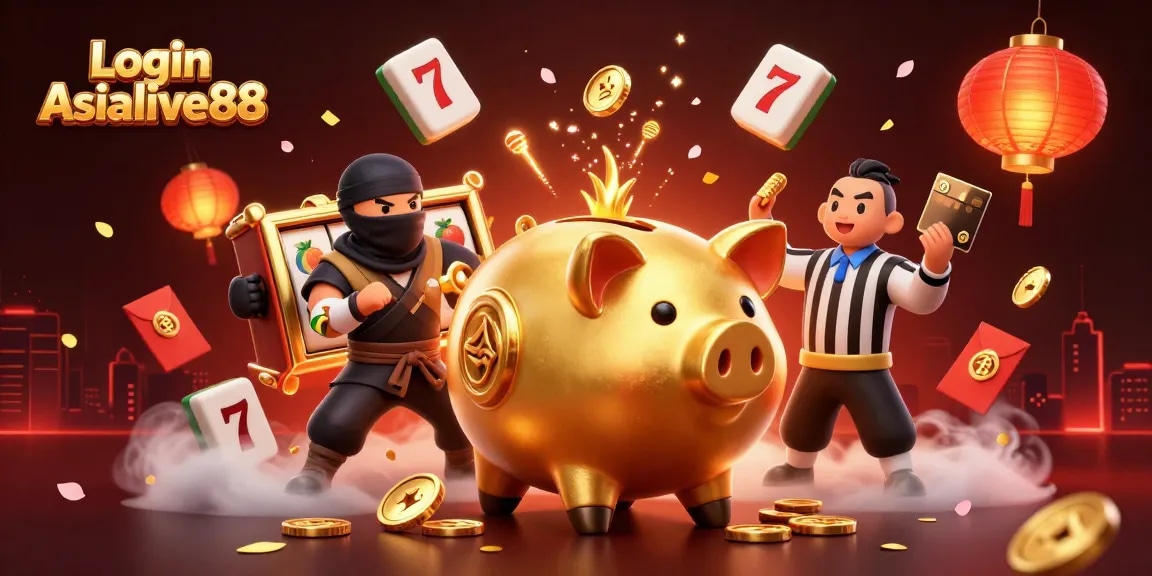 Engage in thrilling excitement with Login Asialive88 casino's golden piggy bank sumo wrestler illustration.