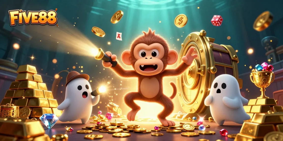 Join the fun at FIVE88 with our ghost-hunter puppy and poltergeist monkey in a vibrant casino scene!