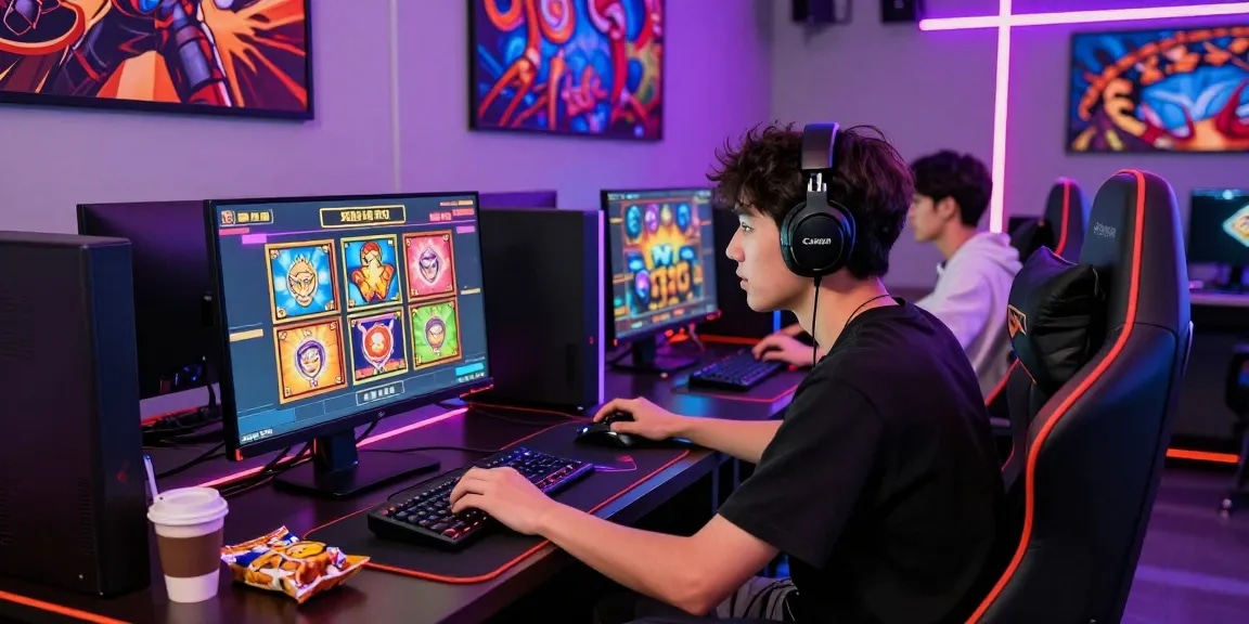 Gamer bermain slot online pawangslot dengan antusias, tempat bermain modern dan aksesori gaming lengkap.