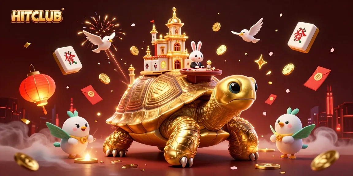 Bet on HITCLUB with a golden tortoise hosting a casino scene, enhanced by vibrant game elements.