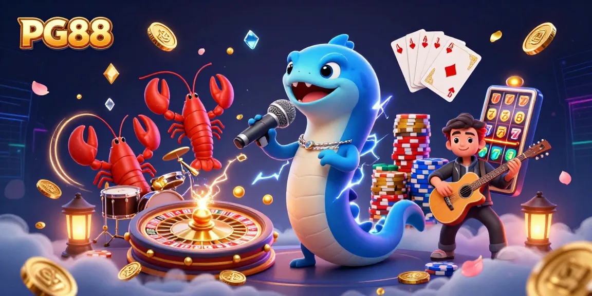 Experience PG88 excitement with an electric eel DJ, lobster drummer, and seahorse guitarist in a vibrant casino.