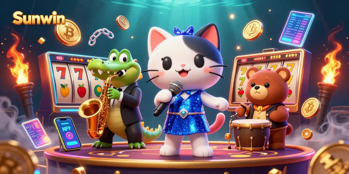 Sunwin and friends celebrate big wins on a vibrant casino stage with slot elements and crypto features.