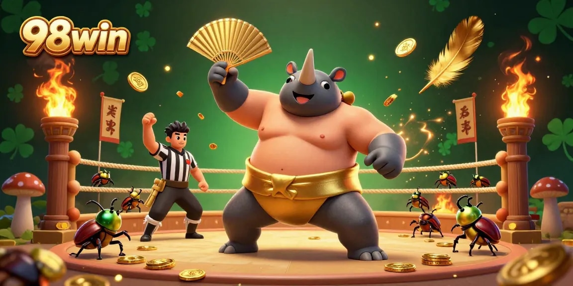 Experience thrilling wins with 98win in a dynamic scene featuring a rhinoceros beetle sumo champ and cricket referee.