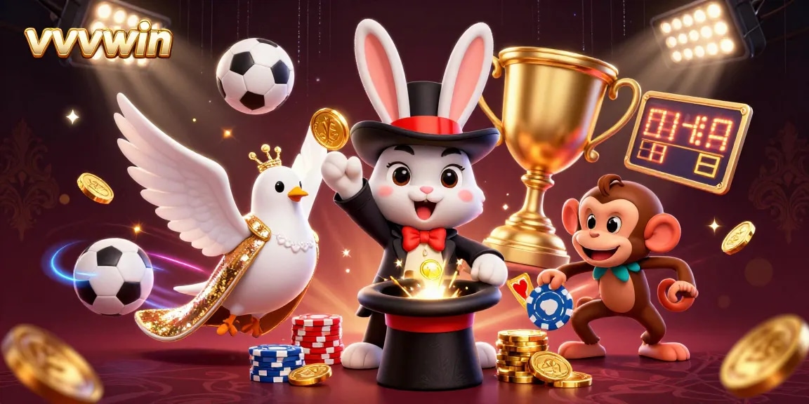 Winning big at vvvwin with a cartoon magician pulling golden coins amidst sports elements and vibrant energy.