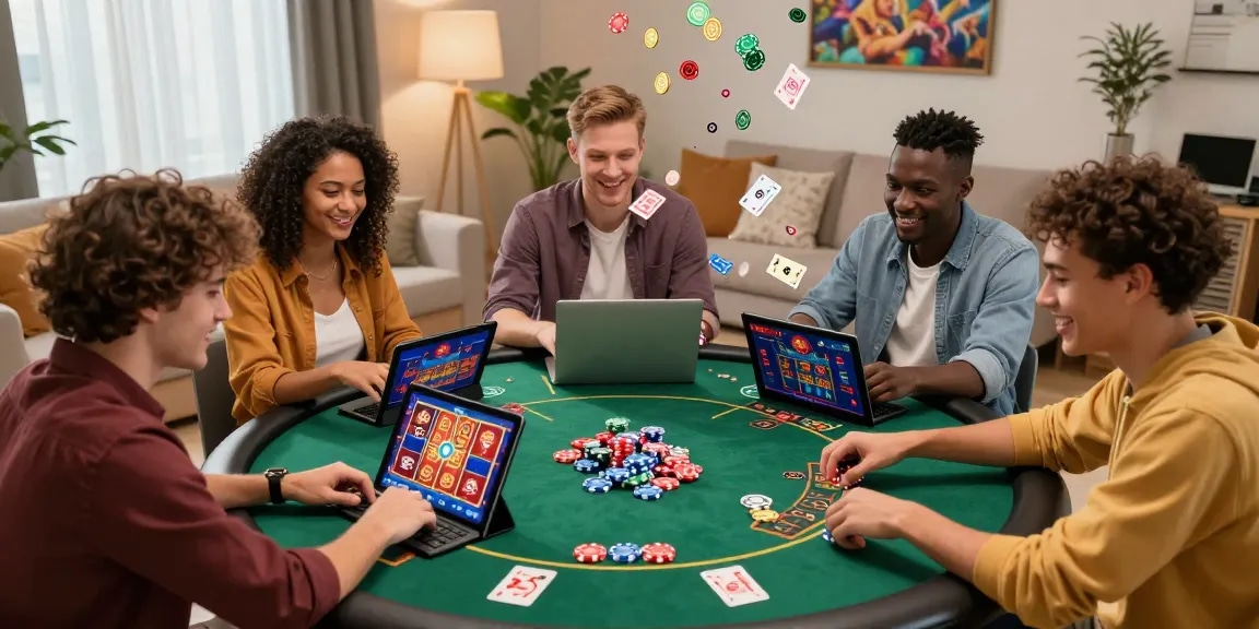Friends enjoying a Free No Deposit Bonus in a lively online casino setting, celebrating wins with virtual games and festive decorations.