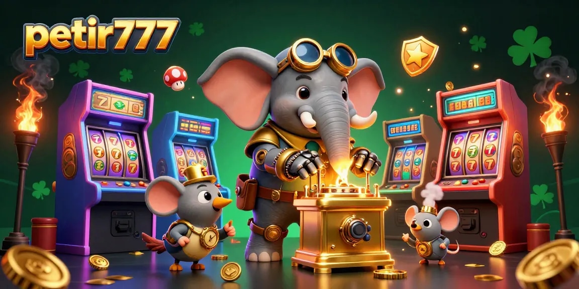 Experience the excitement of petir777 with a steampunk elephant operating a golden slot machine.