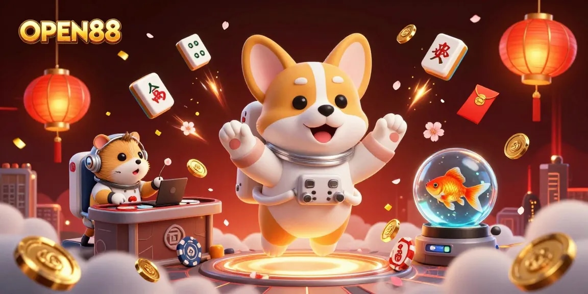 Engage with OPEN88's vibrant casino atmosphere featuring a playful astronaut corgi and animated gaming elements.