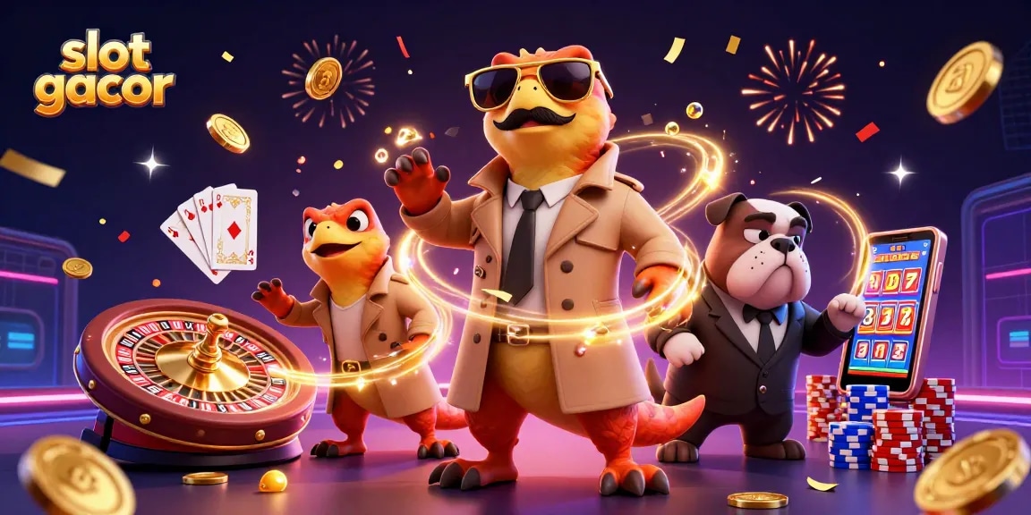 Engage with slot gacor action featuring raptors and a bulldog in a vibrant casino scene.